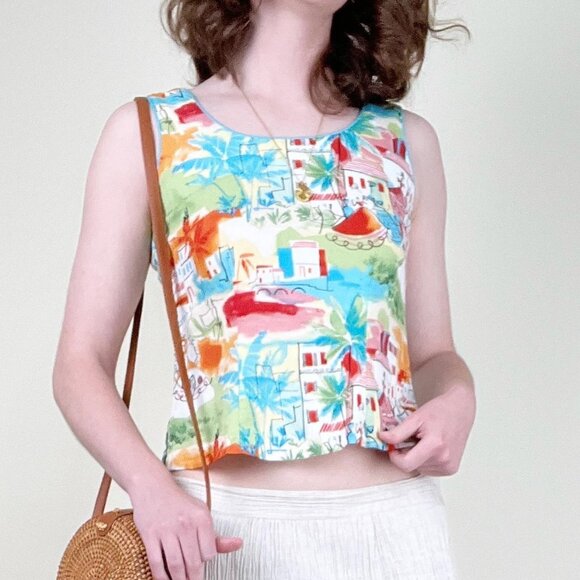 Vintage 90s Y2K Tropical Print Tank Top Blouse Vacation Hawaiian Tourist Cropped - Picture 2 of 8